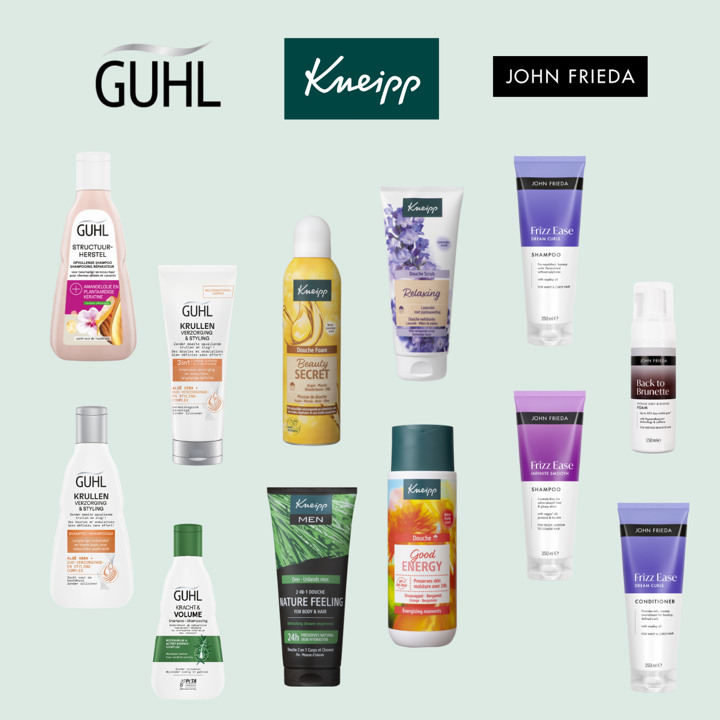 Selectie producten van Kneipp, John Frieda en Guhl